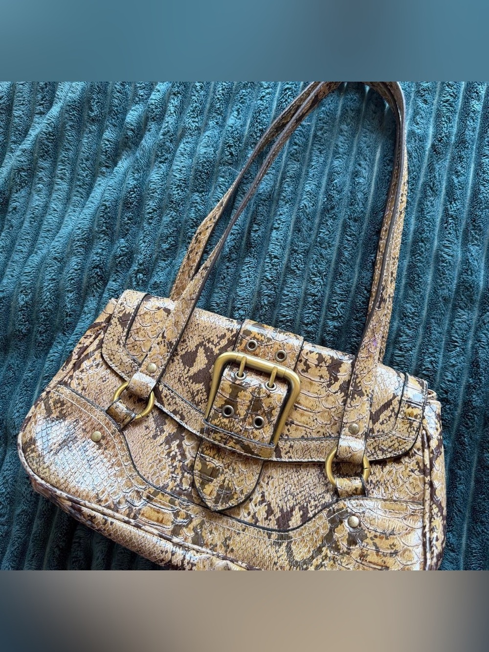 VTG Python-Print Tan Shoulder Bag with Brass Buckle